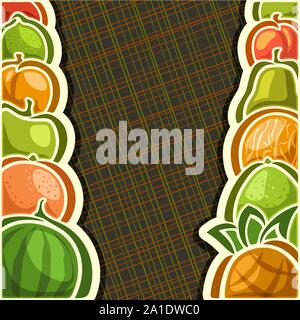 Vector poster for set fresh Fruits with copy space: juicy watermelon, sweet pineapple, orange, green pomelo, apple. Fresh fruits in a row on brown geo Stock Vector