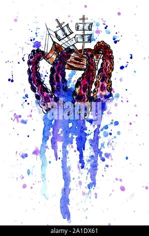 Giant octopus catches sail ship, grunge watercolor illustration Stock ...