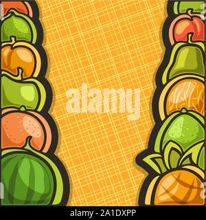 Vector poster for set fresh Fruits with copy space: juicy watermelon, sweet pineapple, orange, green pomelo, apple. Fresh fruits in a row on yellow ge Stock Vector