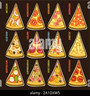 Vector set slices of italian Pizza: 12 labels for pizzeria menu with title text, triangular pieces different kinds of pizza top view with original fon Stock Vector