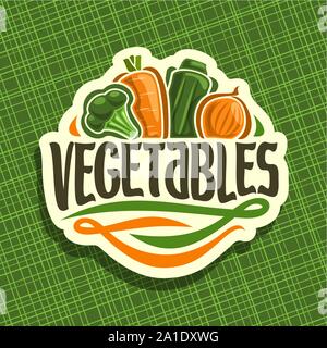 Vector logo for fresh Vegetables: sign with raw broccoli, ripe carrot, zucchini, farming onion on geometric background, vegetable mix for vegan nutrit Stock Vector