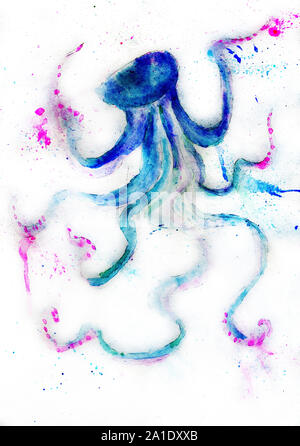 Monster with tentacles, octopus like creature grunge watercolor illustration. Stock Photo