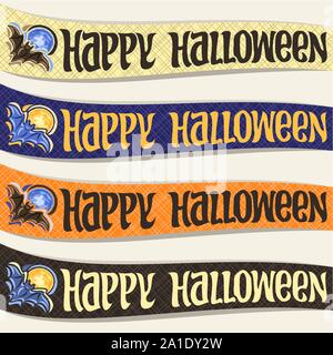 Vector set of ribbons for Halloween holiday: 4 curved banners with flying bat on blue moon background, halloween decoration, handwritten font for gree Stock Vector