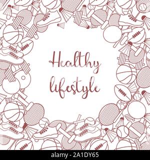 Vector illustration with sports equipment for playing american football, basketball, table tennis, tennis, badminton. Sport Healthy lifestyle. Design Stock Vector