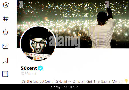 Twitter page (Sept 2019) 50cent (Curtis James Jackson II) rapper and actor Stock Photo