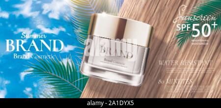 Sunblock cream product ads lying on wooden table near swimming pool in 3d illustration Stock Vector