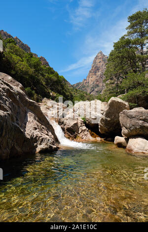 Capu Casconi and the Vallée de Lonca /  Lonca valley with waterfall and natural swimming pool Spelunca Gorge / Gorges de Spelunca, Ota Corsica France Stock Photo