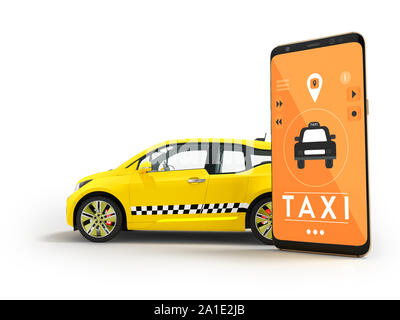Modern concept of taxi calling an electric car with a smartphone via a mobile app orange 3d render on white background with shadow Stock Photo