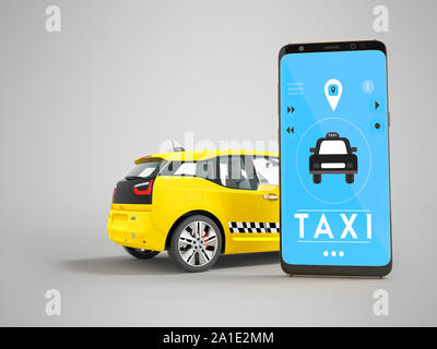 Modern concept of taxi calling an electric car with a smartphone via mobile 3d rendering on gray background with a shadow Stock Photo