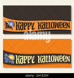 Vector banners for Halloween holiday wit copy space: on curved ribbon flying bat on blue moon background, halloween decoration, handwritten font for g Stock Vector