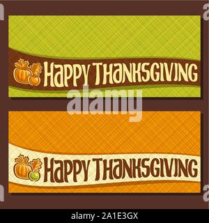 Vector banner for Thanksgiving day with copy space, autumn greeting card with original handwritten text happy thanksgiving, fall harvest on abstract g Stock Vector