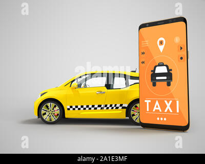 Modern concept of taxi calling an electric car with a smartphone via a mobile app orange 3d render on gray background with shadow Stock Photo