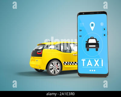 Modern concept of taxi calling an electric car with a smartphone via mobile 3d rendering on blue background with a shadow Stock Photo