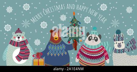 Merry Christmas and Happy New Year. Cute Animals Character. Happy friends - Bear, Polar Bear, panda and llama in winter greeting scene. Hand drawn Stock Vector