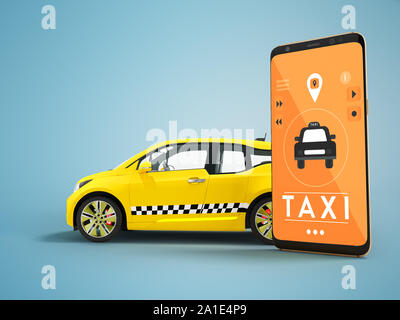 Modern concept of taxi calling an electric car with a smartphone via a mobile app orange 3d render on blue background with shadow Stock Photo