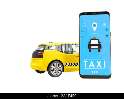 Modern concept of taxi calling an electric car with a smartphone via mobile 3d rendering on white background no shadow Stock Photo