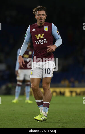 Brighton, UK. 25 September 2019 Villa's Jack Grealish during the Carabao Cup third round match  between Brighton & Hove Albion and Aston Villa at the American Express Community Stadium in Brighton. Credit: James Boardman/TPI/ Alamy Live News Stock Photo