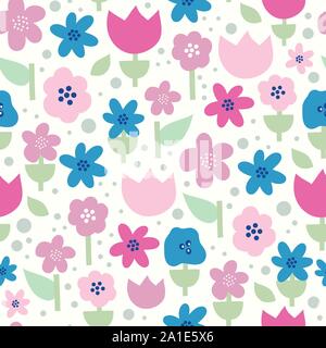 Scandinavian flowers seamless vector pattern. Flat stylized florals in pink, purple and blue on white background. Decorative retro print for kids Stock Vector