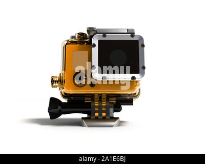 Action camera in durable plastic transparent yellow with a leg for attaching to a helmet for filming under water in front 3d rendering on a white back Stock Photo