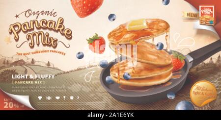 Pancake mix ads with delicious snacks in frying pan on woodcut style field background in 3d illustration Stock Vector