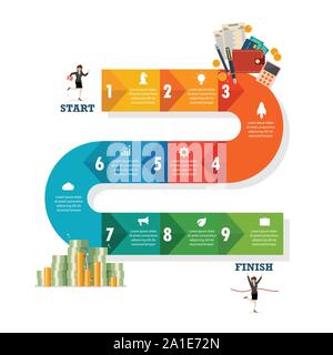 Nine step path infographic. Vector illustration Stock Vector