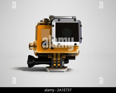 Action camera in durable plastic transparent yellow with a leg for attaching to a helmet for filming under water in front 3d rendering on gray backgro Stock Photo