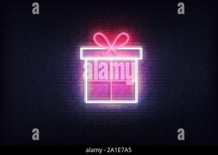 Gift box neon icon. Glowing Christmas winter holiday icon sign Stock Vector