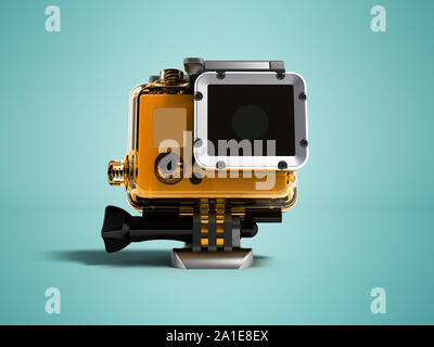 Action camera in durable plastic transparent yellow with a leg for attaching to a helmet for filming under water in front 3d rendering on blue backgro Stock Photo