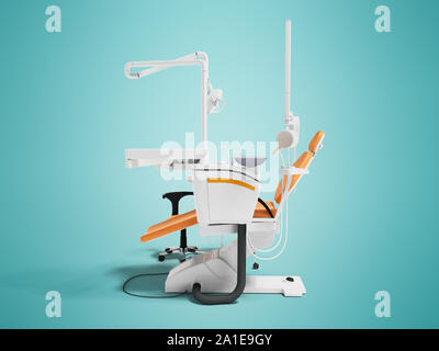 Dental chair with lighting from the bedside tables with an armchair for white work with orange insets 3D render on blue background with shadow Stock Photo