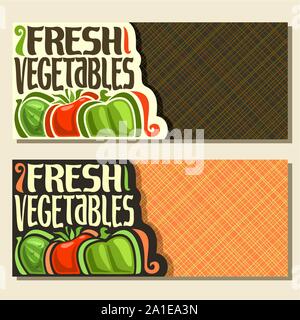Vector banners for Fresh Vegetables with copy space: original font for words fresh vegetables, organic cucumber, farming tomato, green pepper on geome Stock Vector