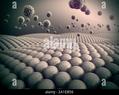field of cells, viruses attack the cells, action of the human immune system Stock Photo