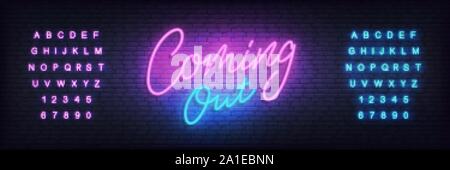 Coming out neon sign. Lettering Coming soon for promotion, advertisement, sale, marketing Stock Vector