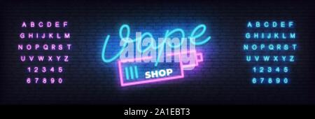 Vape shop neon template. Glowing lettering sign Vape shop Stock Vector