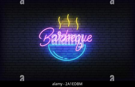 Barbeque neon glowing sign. Bright vector label of Barbeque and lettering Stock Vector