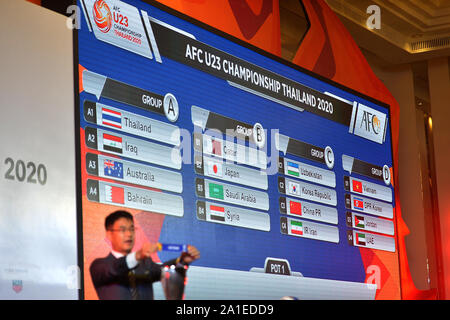 Bangkok, Thailand. 26th Sep, 2019. The result is shown during the final draw for the AFC U23 Championship in Bangkok, Thailand, Sept. 26, 2019. The final draw for the AFC U23 Championship is held in Bangkok, Thailand, Sept. 26, 2019. Credit: Xinhua/Rachen Sageamsak Stock Photo