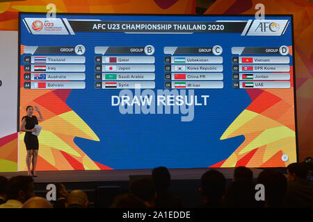 Bangkok, Thailand. 26th Sep, 2019. The result is shown during the final draw for the AFC U23 Championship in Bangkok, Thailand, Sept. 26, 2019. Credit: Xinhua/Rachen Sageamsak Stock Photo
