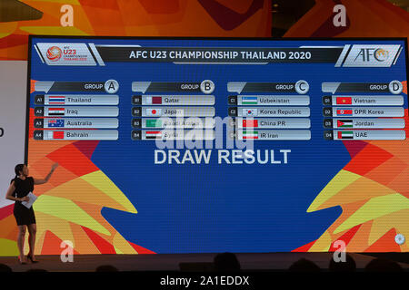Bangkok, Thailand. 26th Sep, 2019. The result is shown during the final draw for the AFC U23 Championship in Bangkok, Thailand, Sept. 26, 2019. Credit: Xinhua/Rachen Sageamsak Stock Photo