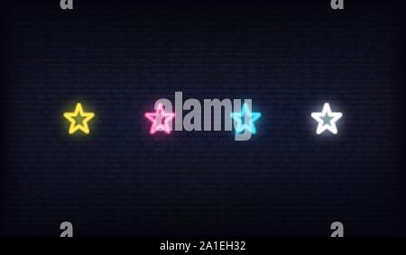 Star neon set. Glowing colorful stars of neon yellow, red, blue, white colors Stock Vector