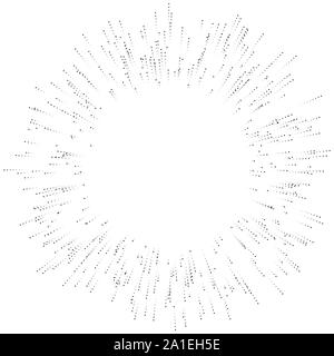 Halftone dotted, speckle radial lines. Spreading dots beams, rays Stock Vector