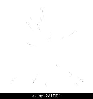 Halftone dotted, speckle radial lines. Spreading dots beams, rays Stock Vector