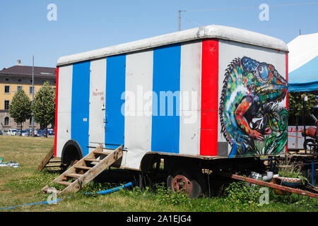 Cultural project Minna Thiel, colorful painted old construction wagon as WC, Munich, Upper Bavaria, Bavaria, Germany, Europe Stock Photo