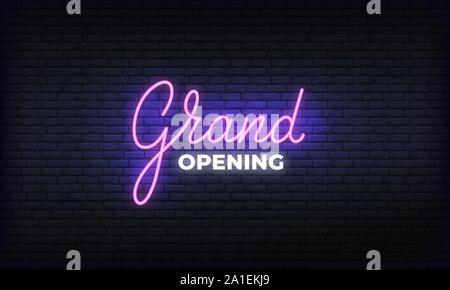 Grand opening neon banner vector template. Glowing night bright lettering sign for Opening event celebration Stock Vector
