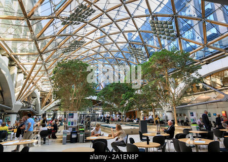 Interior view, courtyard and glass structure roof of Portcullis House by Hopkins Architects, part of the Parliamentary Estate in Westminster, London, Stock Photo