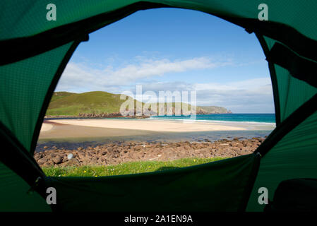 View from inside tent at Kearvaig Bay, Sutherland Stock Photo