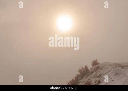 Scene view of snowy landscape in the fog with the shining sun on the top