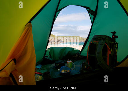 View from inside tent at Kearvaig Bay, Sutherland Stock Photo