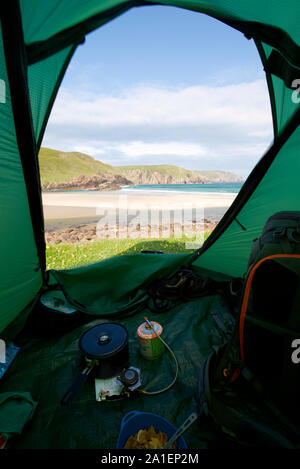 View from inside tent at Kearvaig Bay, Sutherland Stock Photo