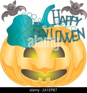 Cute cartoon pumpkin and bat. Happy Halloween background. Vector ...