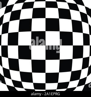 3d bulging, convex, globular, protuberant distortion, deformation on checkered, black and white squares pattern, background. Spherical, relief, emboss Stock Vector