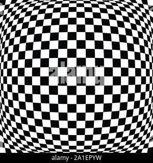 3d bulging, convex, globular, protuberant distortion, deformation on checkered, black and white squares pattern, background. Spherical, relief, emboss Stock Vector